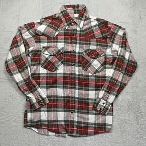BTC Western Pearl Snap Flannel Shirt Mens Medium Red Green Plaid Long Sleeve